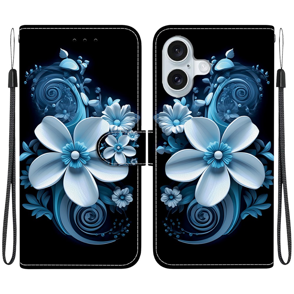 For iPhone 16 Plus Case Pattern Printing Anti-Drop Leather Flip Wallet Phone Cover with Lanyard - Black Orchid