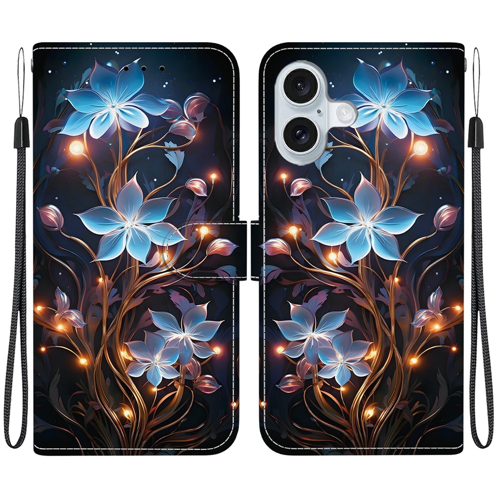 For iPhone 16 Plus Case Pattern Printing Anti-Drop Leather Flip Wallet Phone Cover with Lanyard - Small Lantern Flower