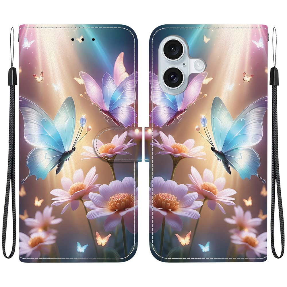 For iPhone 16 Plus Case Pattern Printing Anti-Drop Leather Flip Wallet Phone Cover with Lanyard - Butterfly Floral