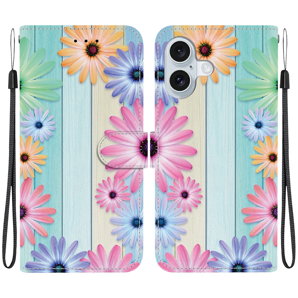 For iPhone 16 Plus Case Pattern Printing Anti-Drop Leather Flip Wallet Phone Cover with Lanyard - Sunflower