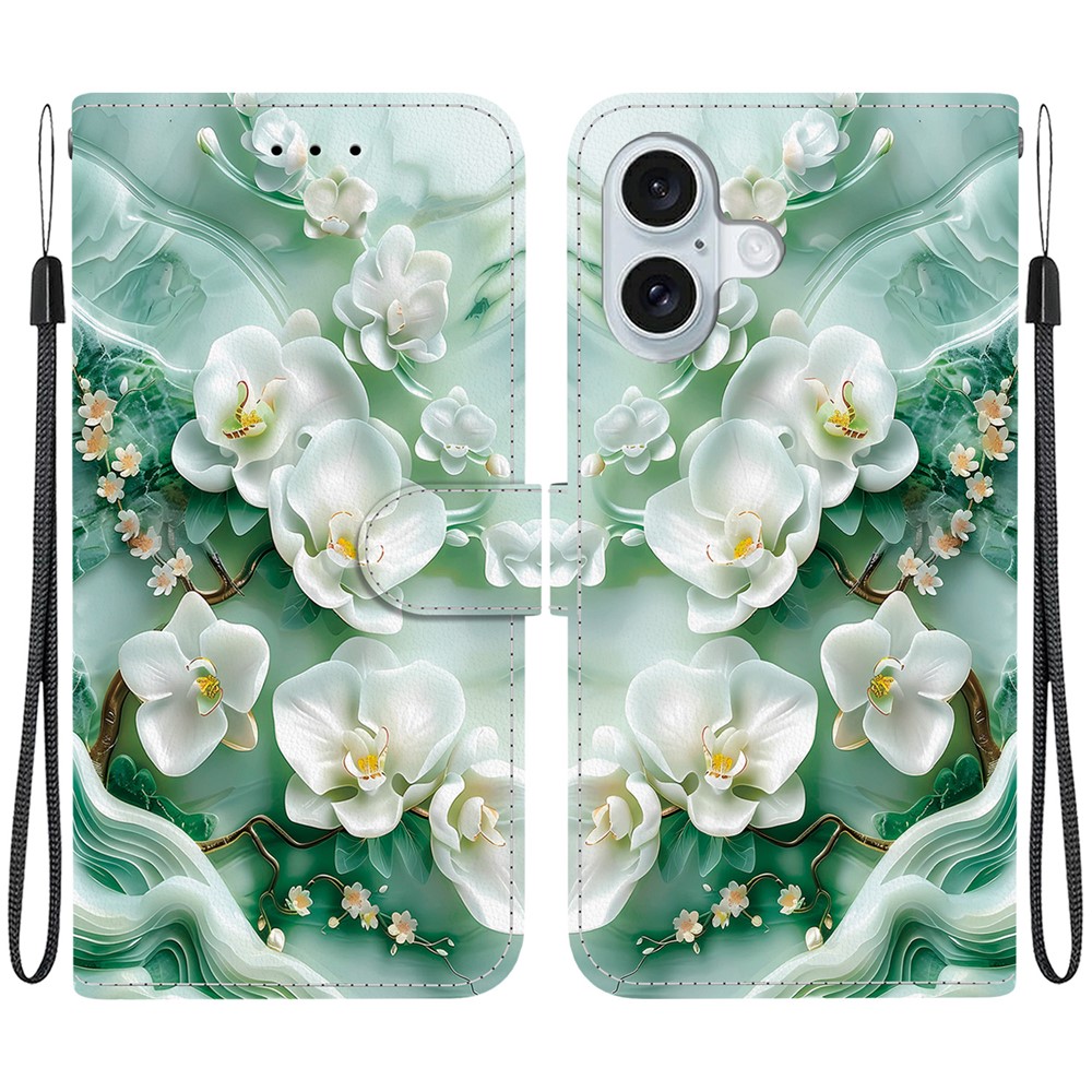 For iPhone 16 Plus Case Pattern Printing Anti-Drop Leather Flip Wallet Phone Cover with Lanyard - Jade Flower