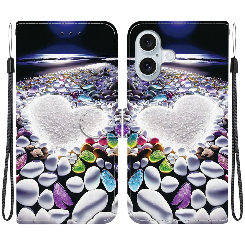 For iPhone 16 Plus Case Pattern Printing Anti-Drop Leather Flip Wallet Phone Cover with Lanyard - Heart Shape