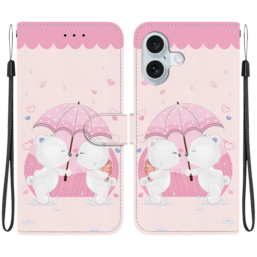 For iPhone 16 Plus Case Pattern Printing Anti-Drop Leather Flip Wallet Phone Cover with Lanyard - Cartoon Couple Bear