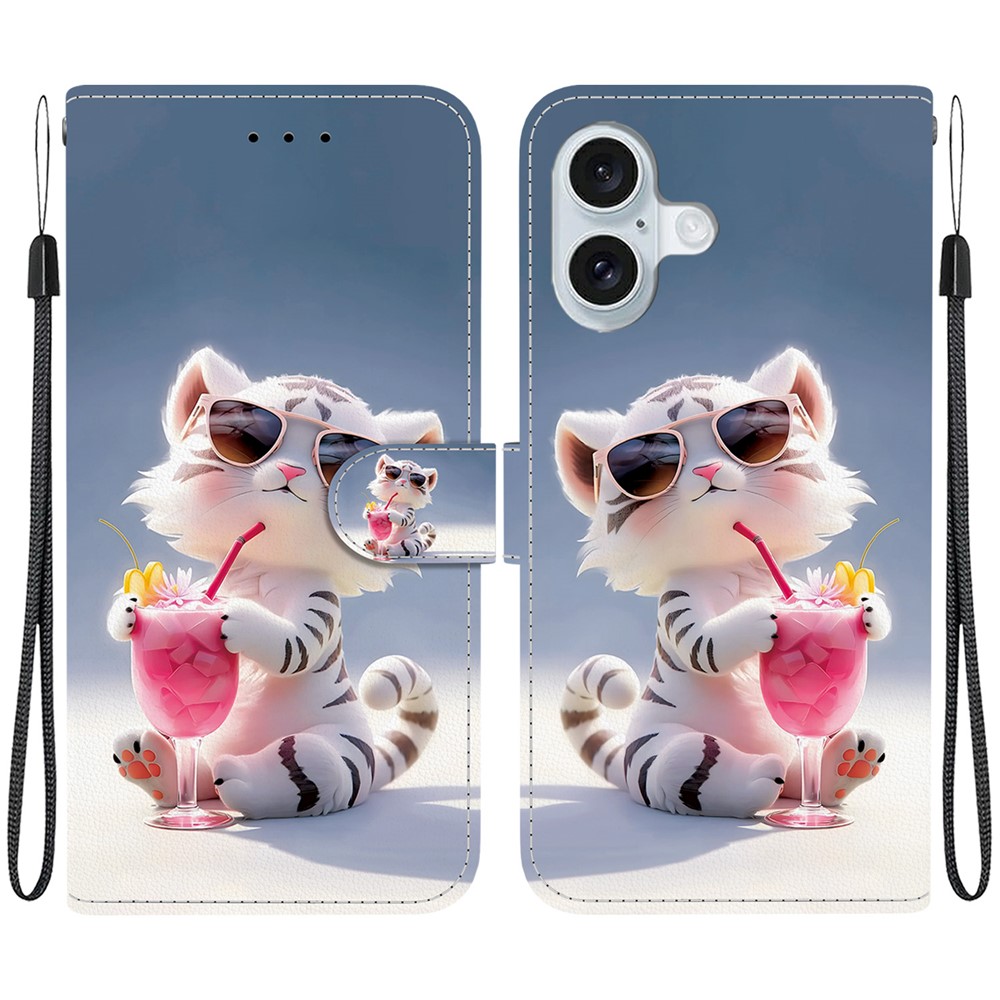 For iPhone 16 Plus Case Pattern Printing Anti-Drop Leather Flip Wallet Phone Cover with Lanyard - Cartoon Tiger