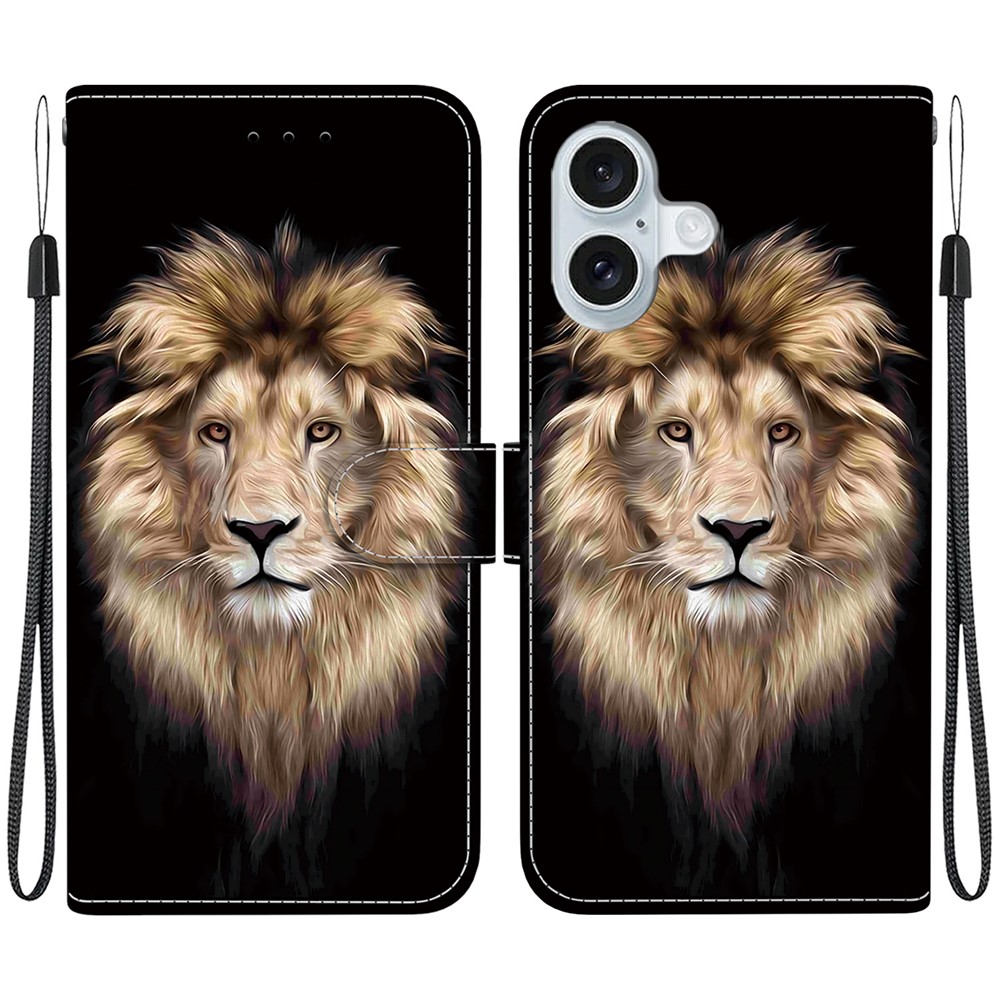 For iPhone 16 Plus Case Pattern Printing Anti-Drop Leather Flip Wallet Phone Cover with Lanyard - Lion Head