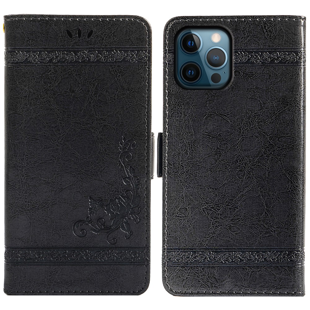 For iPhone 14 Pro Leather Case Flower Imprint Wallet Phone Cover with Side Buckle - Black