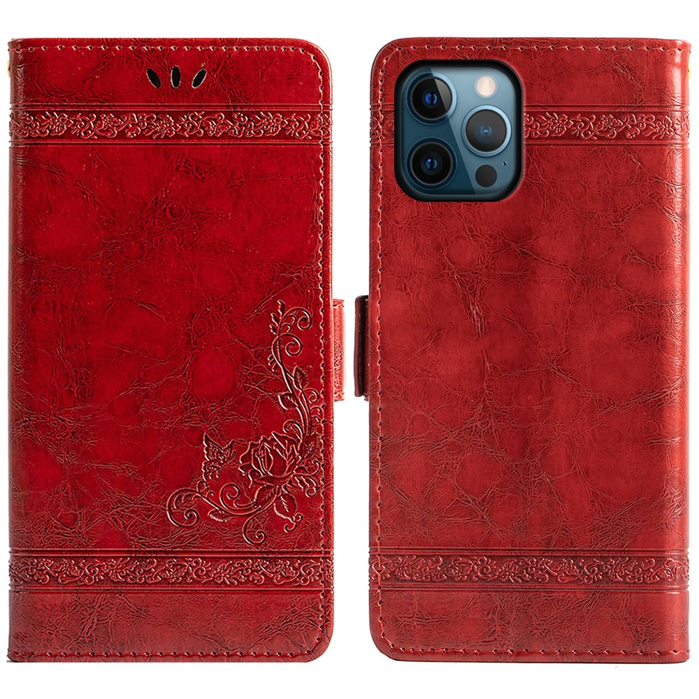 For iPhone 14 Pro Max Leather Case Flower Imprint Wallet Phone Cover with Side Buckle - Red