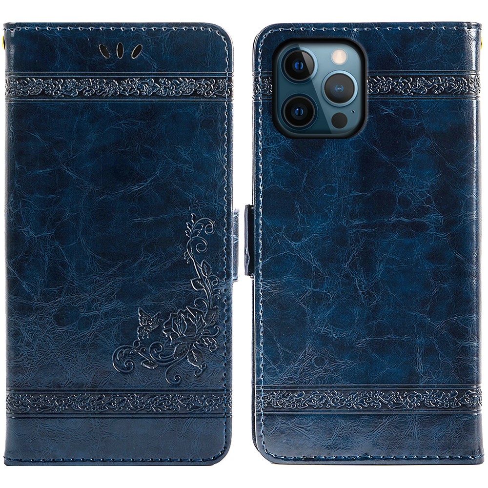 For iPhone 14 Pro Max Leather Case Flower Imprint Wallet Phone Cover with Side Buckle - Blue