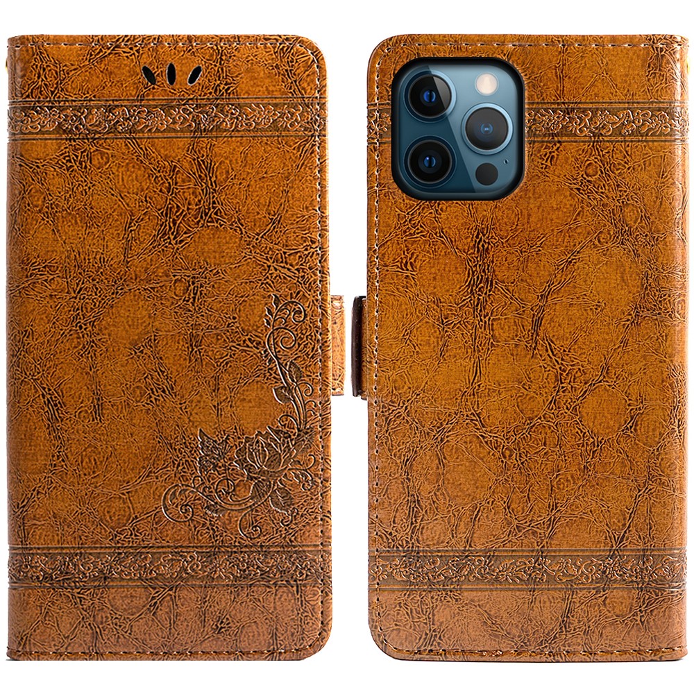 For iPhone 14 Pro Max Leather Case Flower Imprint Wallet Phone Cover with Side Buckle - Brown