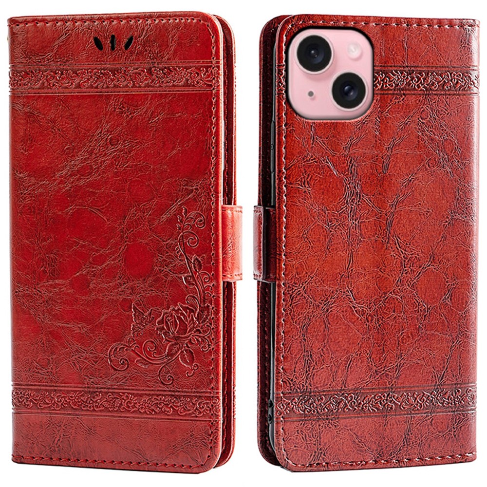For iPhone 14 Leather Case Flower Imprint Wallet Phone Cover with Side Buckle - Red