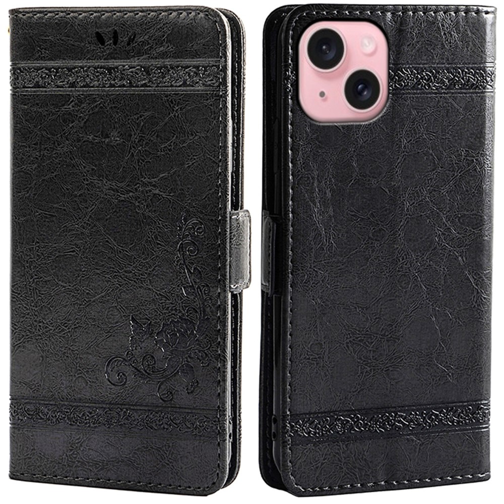 For iPhone 15 Leather Case Flower Imprint Wallet Phone Cover with Side Buckle - Black