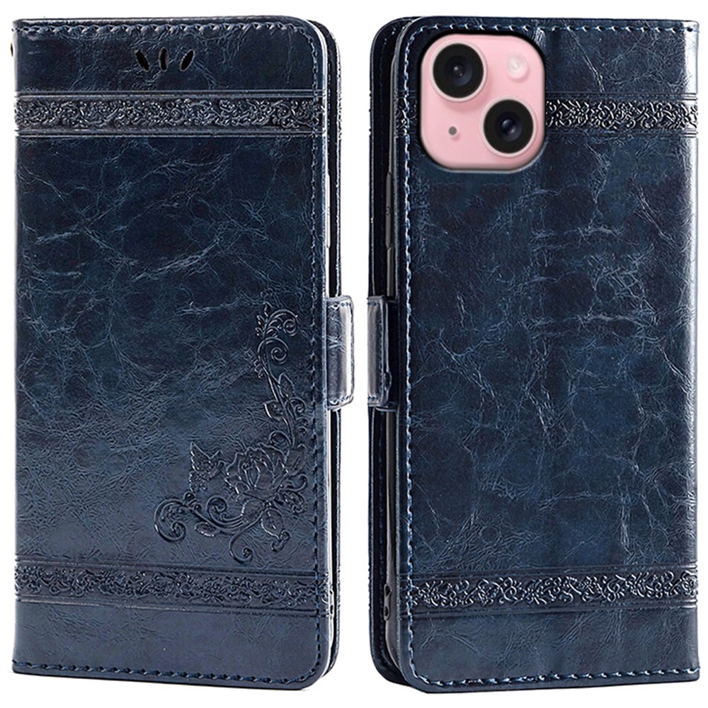 For iPhone 15 Leather Case Flower Imprint Wallet Phone Cover with Side Buckle - Blue