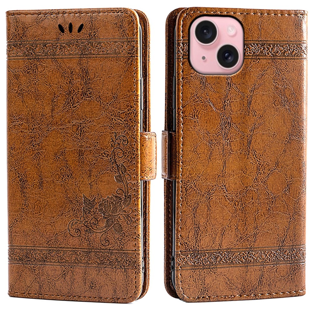 For iPhone 15 Leather Case Flower Imprint Wallet Phone Cover with Side Buckle - Brown