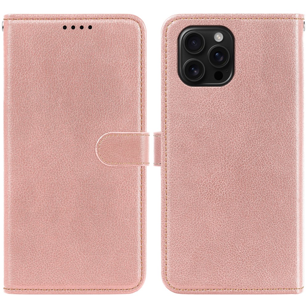 For iPhone 14 Pro Leather Case Litchi Texture Wallet RFID Blocking Phone Cover - Rose Gold