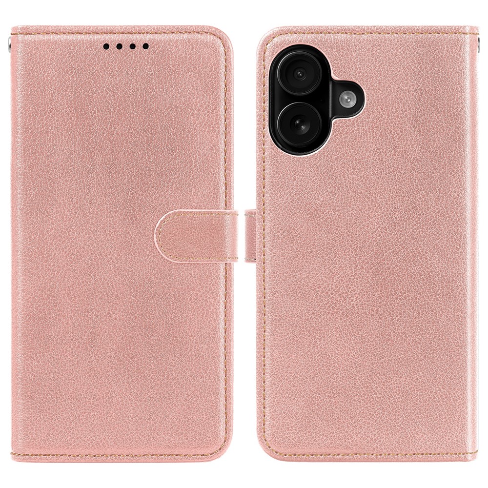 For iPhone 16 Plus Leather Case Litchi Texture Wallet RFID Blocking Phone Cover - Rose Gold