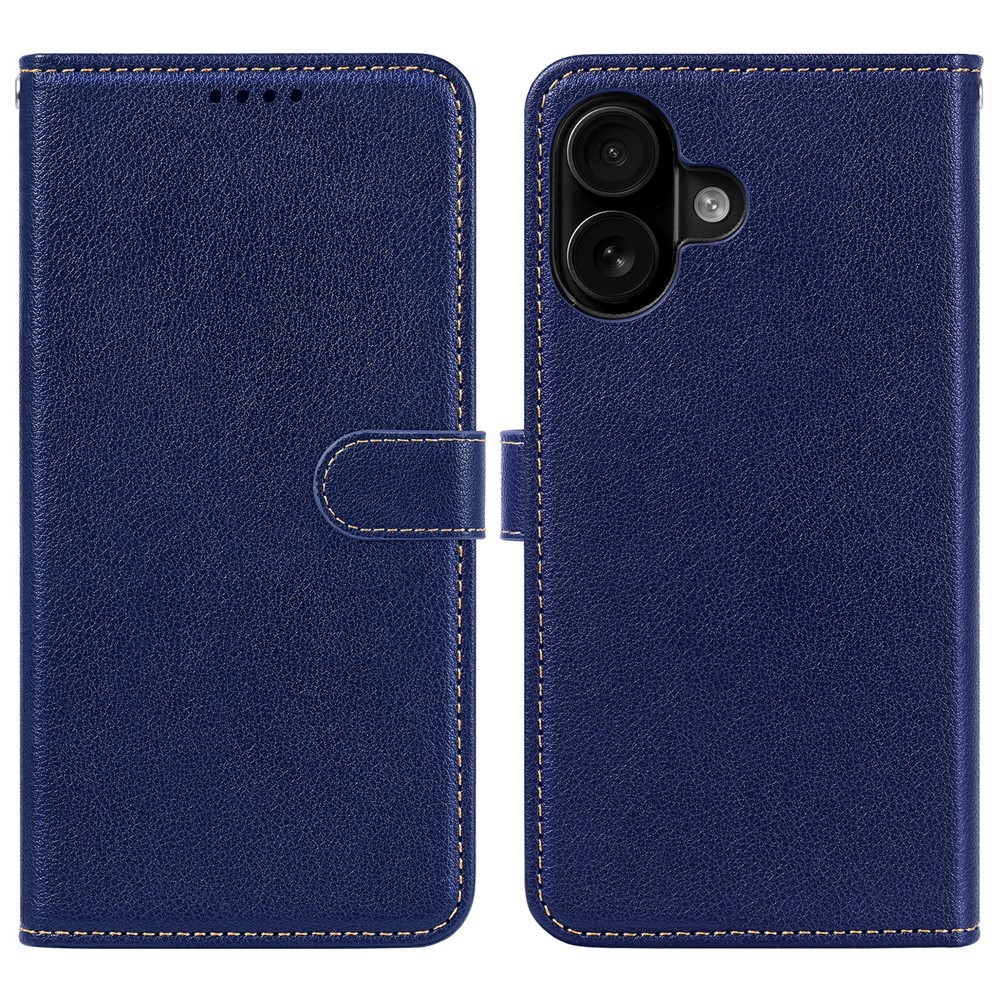 For iPhone 16 Plus Leather Case Litchi Texture Wallet RFID Blocking Phone Cover - Blue