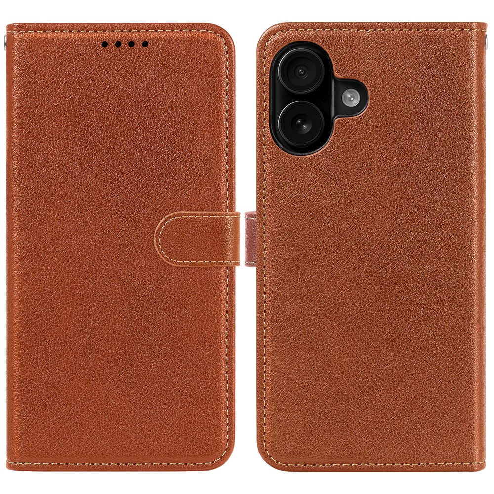 For iPhone 16 Plus Leather Case Litchi Texture Wallet RFID Blocking Phone Cover - Brown