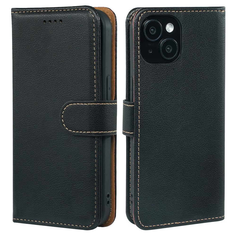 For iPhone 13 Leather Case Litchi Texture Wallet RFID Blocking Phone Cover - Black