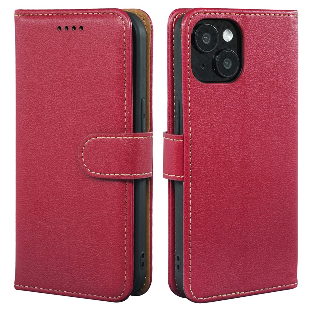 For iPhone 13 Leather Case Litchi Texture Wallet RFID Blocking Phone Cover - Red
