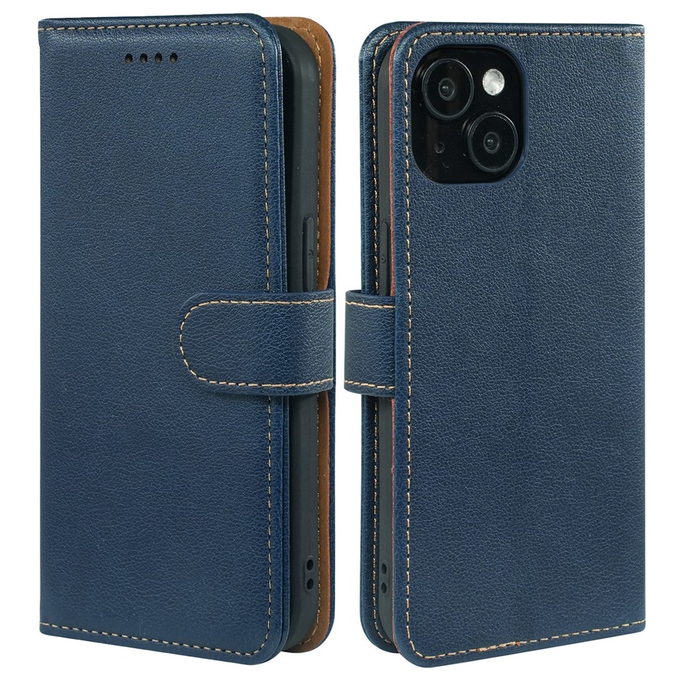For iPhone 13 Leather Case Litchi Texture Wallet RFID Blocking Phone Cover - Blue