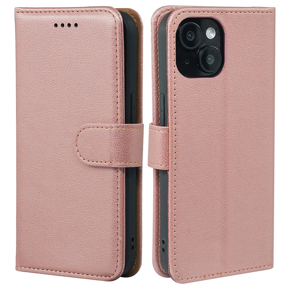 For iPhone 13 Leather Case Litchi Texture Wallet RFID Blocking Phone Cover - Rose Gold