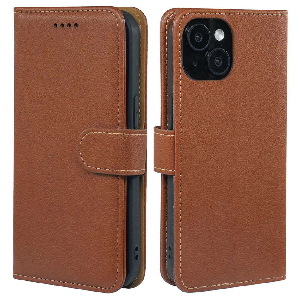 For iPhone 13 Leather Case Litchi Texture Wallet RFID Blocking Phone Cover - Brown