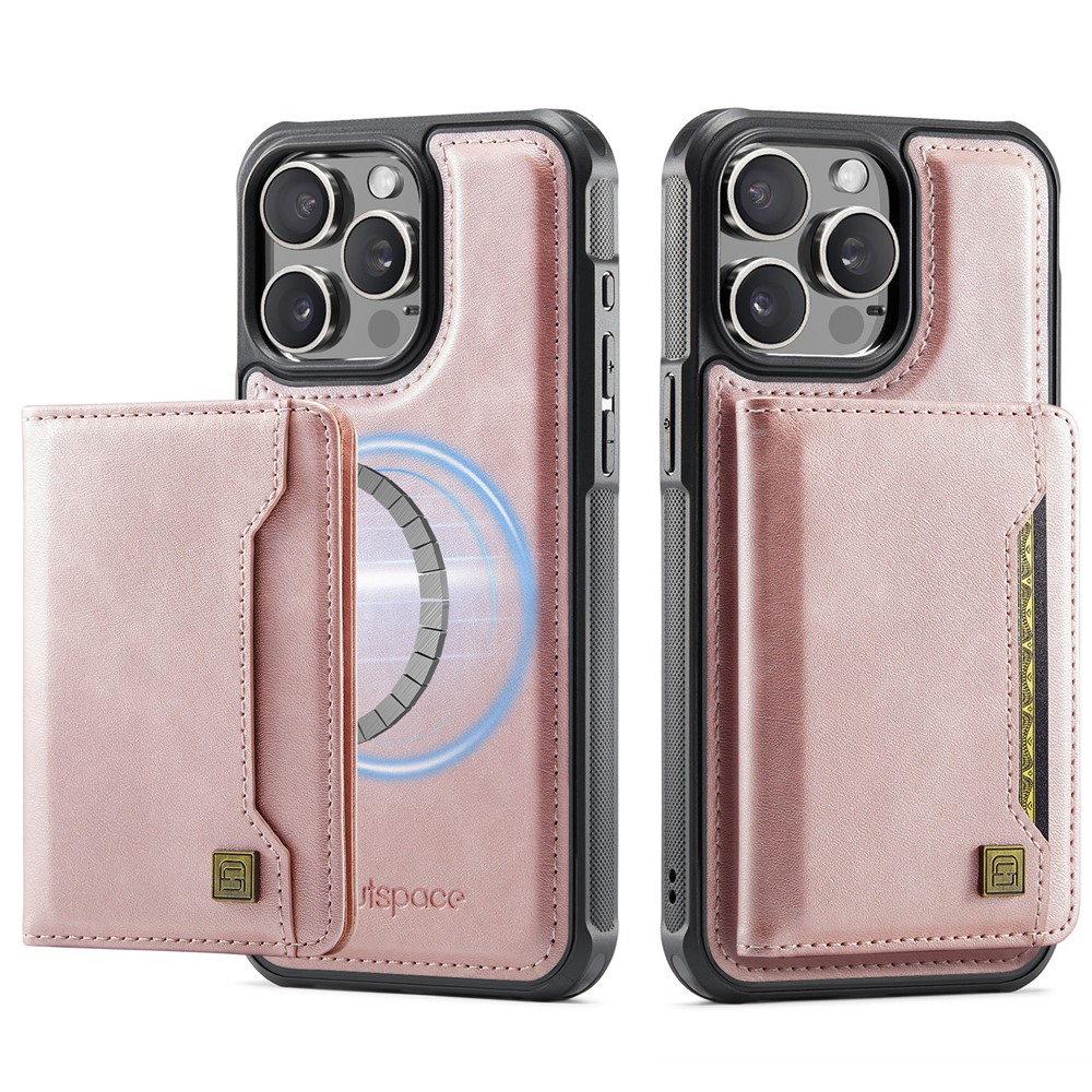 For iPhone 13 Pro 6.1 inch Case AUTSPACE A13 Vintage Leather Back Cover with Magnetic Detachable Card Bag - Rose Gold