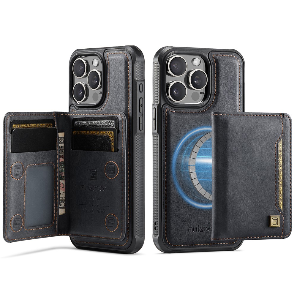 For iPhone 13 Pro Max 6.7 inch Case AUTSPACE A13 Vintage Leather Back Cover with Magnetic Detachable Card Bag - Black