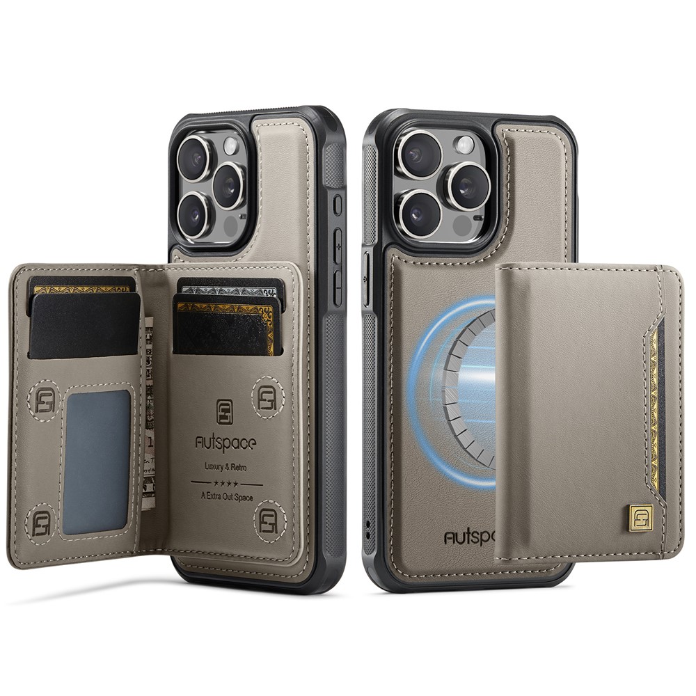 For iPhone 13 Pro Max 6.7 inch Case AUTSPACE A13 Vintage Leather Back Cover with Magnetic Detachable Card Bag - Grey