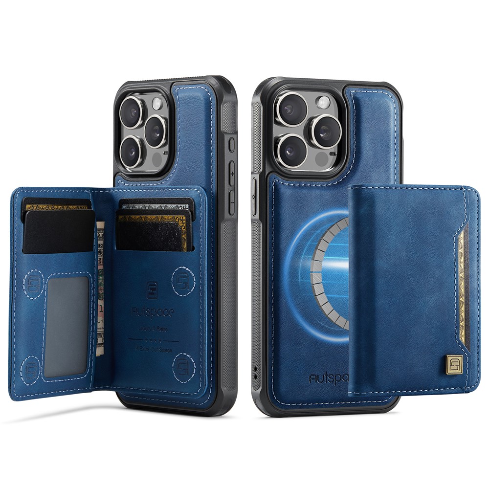 For iPhone 14 Pro Case AUTSPACE A13 Vintage Leather Back Cover with Magnetic Detachable Card Bag - Blue