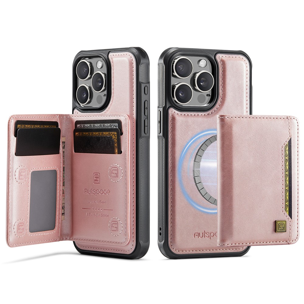 For iPhone 15 Pro Case AUTSPACE A13 Vintage Leather Back Cover with Magnetic Detachable Card Bag - Rose Gold