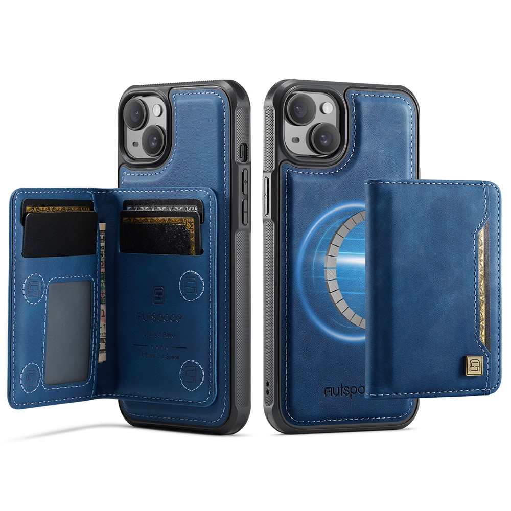 For iPhone 13 6.1 inch Case AUTSPACE A13 Vintage Leather Back Cover with Magnetic Detachable Card Bag - Blue