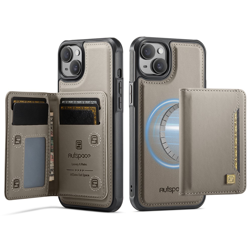 For iPhone 13 6.1 inch Case AUTSPACE A13 Vintage Leather Back Cover with Magnetic Detachable Card Bag - Grey