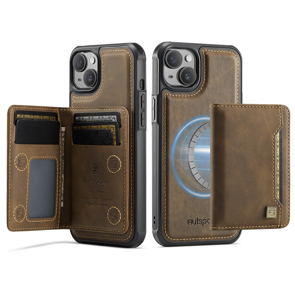 For iPhone 15 Case AUTSPACE A13 Vintage Leather Back Cover with Magnetic Detachable Card Bag - Coffee