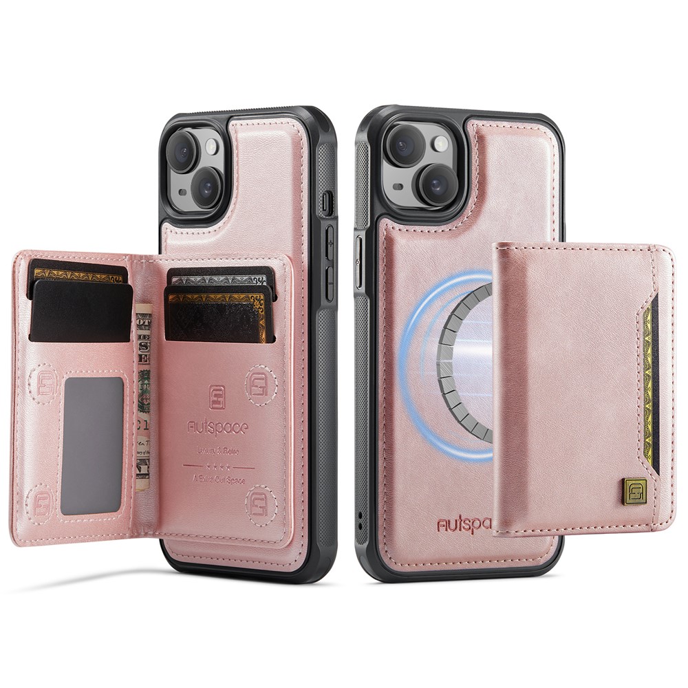 For iPhone 15 Plus Case AUTSPACE A13 Vintage Leather Back Cover with Magnetic Detachable Card Bag - Rose Gold