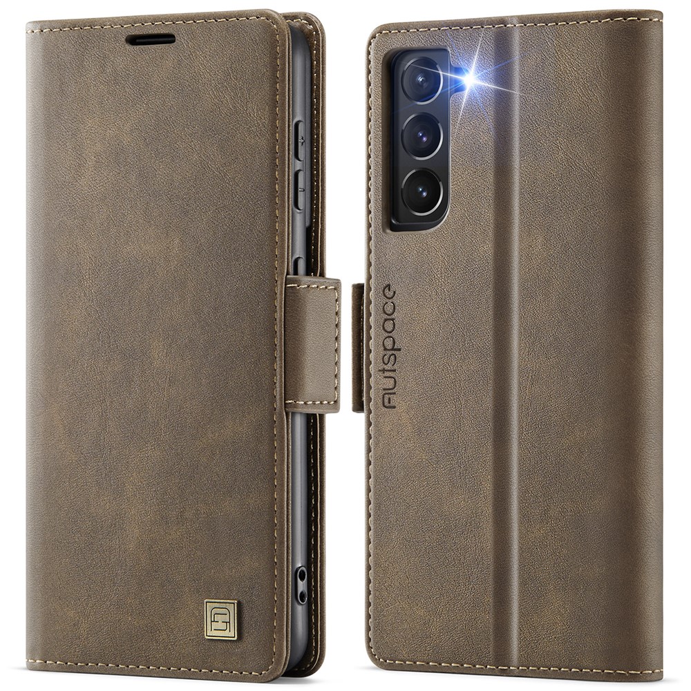 AUTSPACE For Samsung Galaxy S21 5G Case  A11 RFID Blocking Retro Leather Cell Phone Wallet Cover - Brown