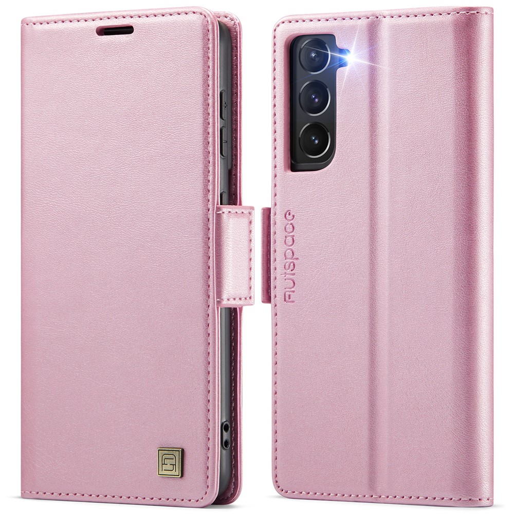 AUTSPACE For Samsung Galaxy S21 5G Case A11 RFID Blocking Retro Leather Cell Phone Wallet Cover - Pink
