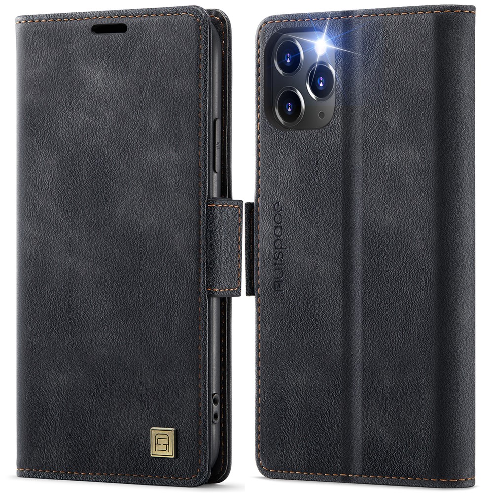 For iPhone 11 Pro Max Case AUTSPACE A11 RFID Blocking Retro Leather Cell Phone Wallet Cover - Black