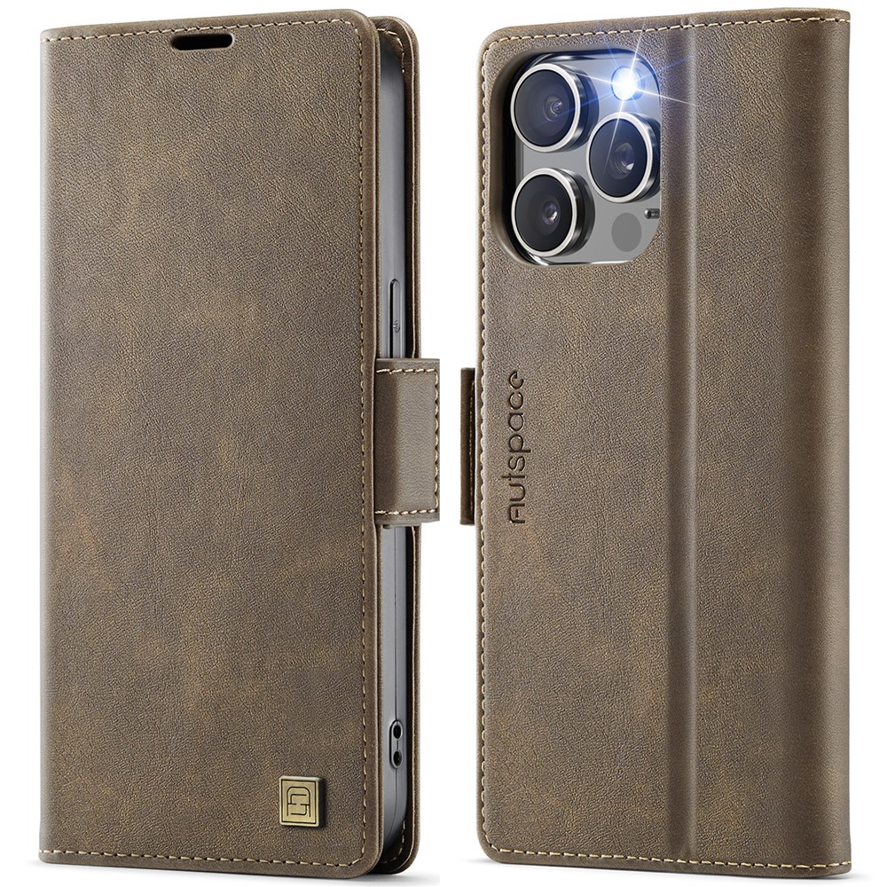 For iPhone 14 Pro Case AUTSPACE A11 RFID Blocking Retro Leather Cell Phone Wallet Cover - Brown