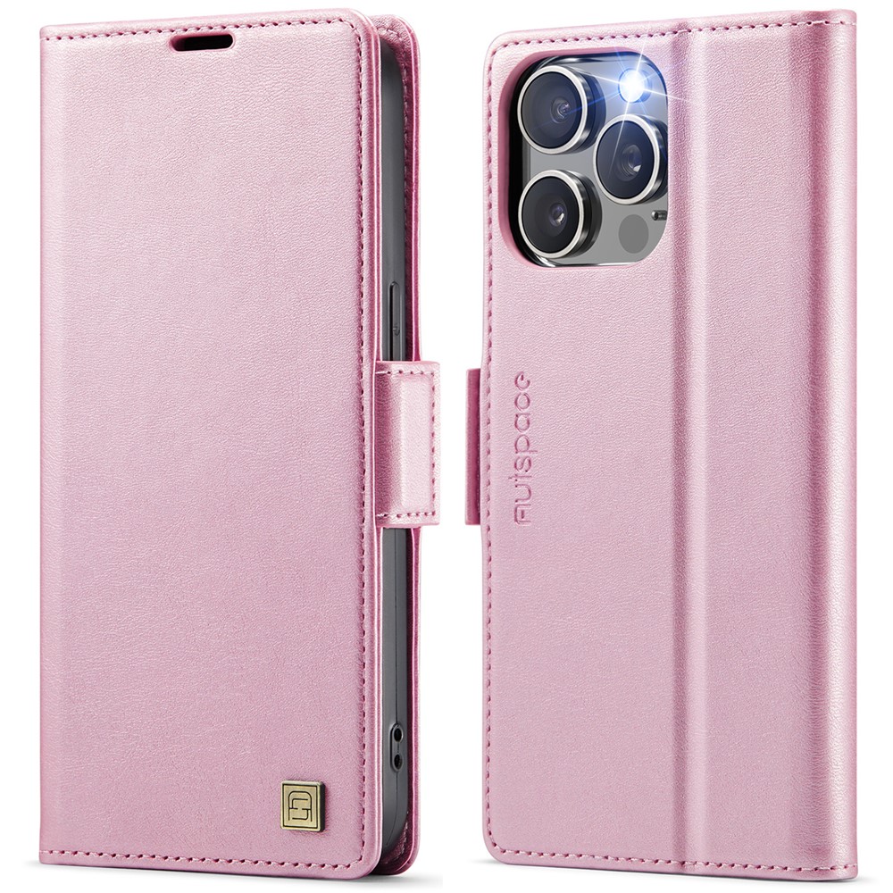For iPhone 14 Pro Max Case AUTSPACE A11 RFID Blocking Retro Leather Cell Phone Wallet Cover - Pink