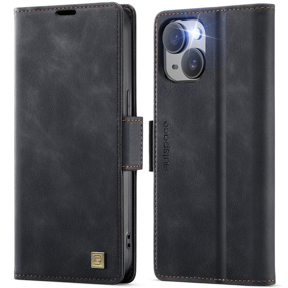 For iPhone 13 6.1 inch Case AUTSPACE A11 RFID Blocking Retro Leather Cell Phone Wallet Cover - Black