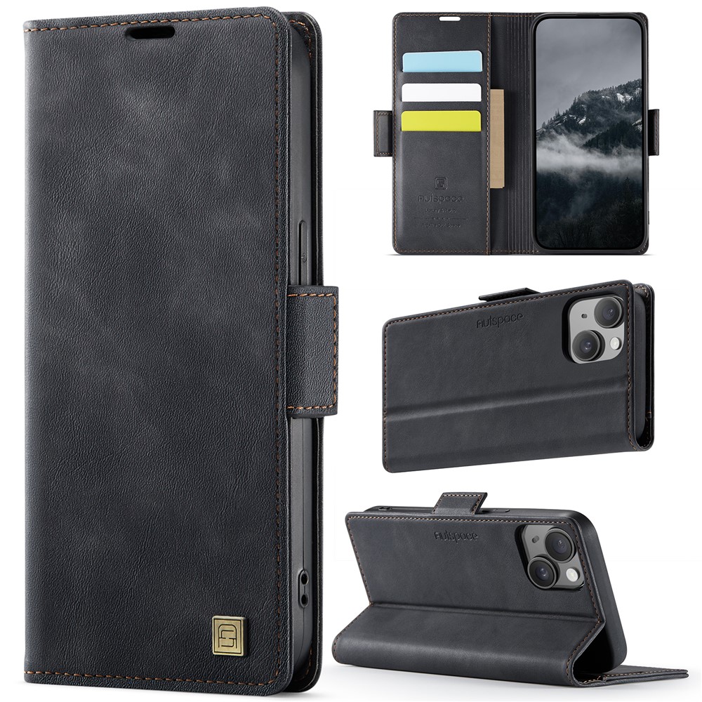 For iPhone 14 Case AUTSPACE A11 RFID Blocking Retro Leather Cell Phone Wallet Cover - Black