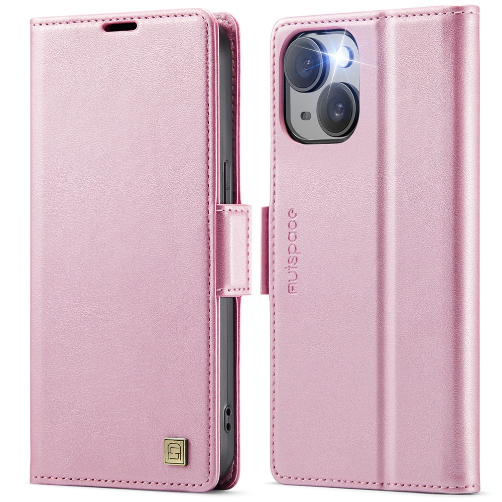 For iPhone 14 Case AUTSPACE A11 RFID Blocking Retro Leather Cell Phone Wallet Cover - Pink