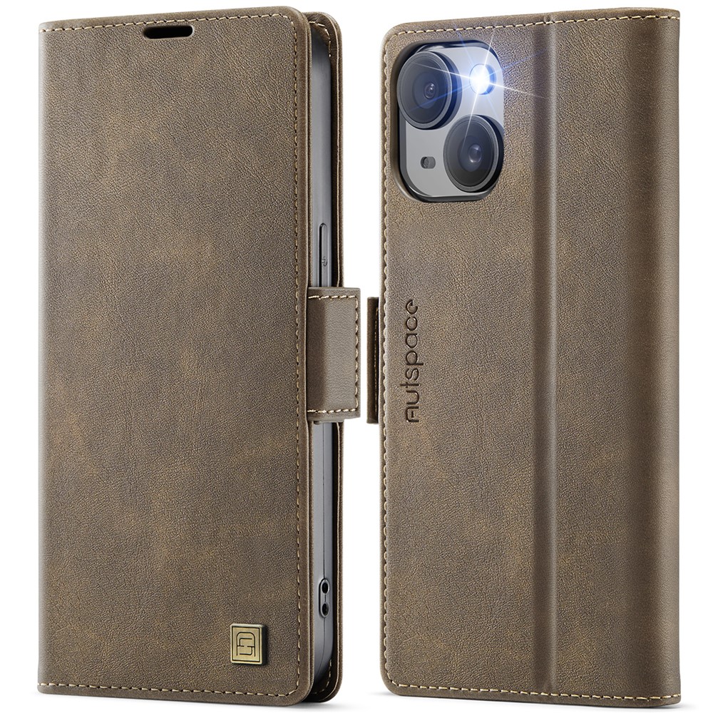 For iPhone 14 Plus Case AUTSPACE A11 RFID Blocking Retro Leather Cell Phone Wallet Cover - Brown