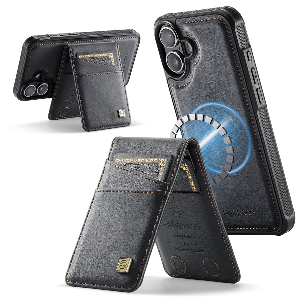 For iPhone 16 Plus Case AUTSPACE A12 Leather Phone Case with Detachable Card Bag - Black