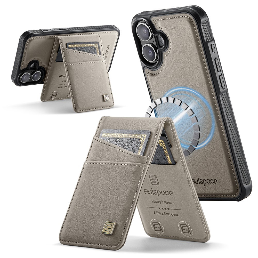 For iPhone 16 Plus Case AUTSPACE A12 Leather Phone Case with Detachable Card Bag - Grey