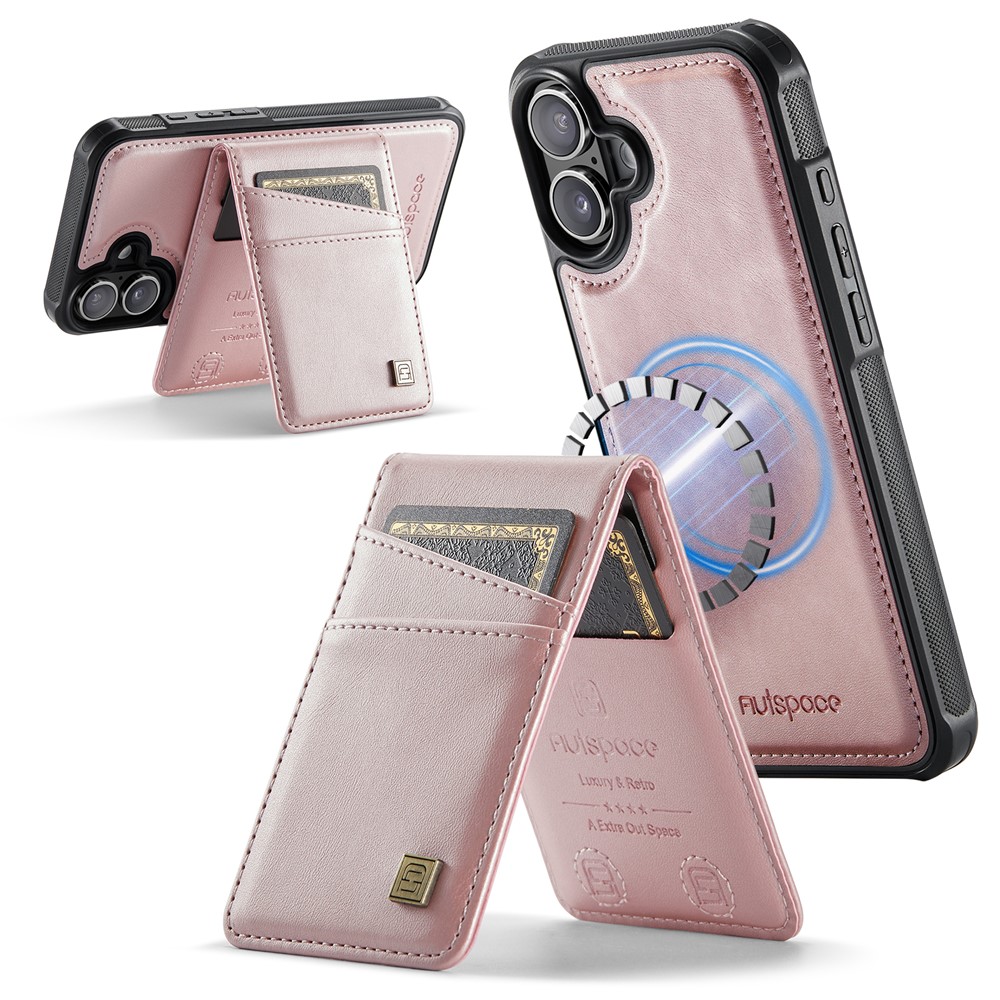 For iPhone 16 Plus Case AUTSPACE A12 Leather Phone Case with Detachable Card Bag - Rose Gold