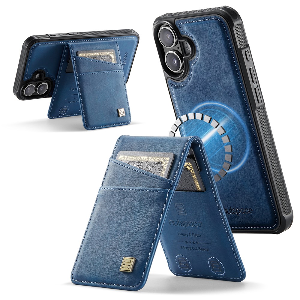 For iPhone 16 Case AUTSPACE A12 Leather Phone Case with Detachable Card Bag - Blue