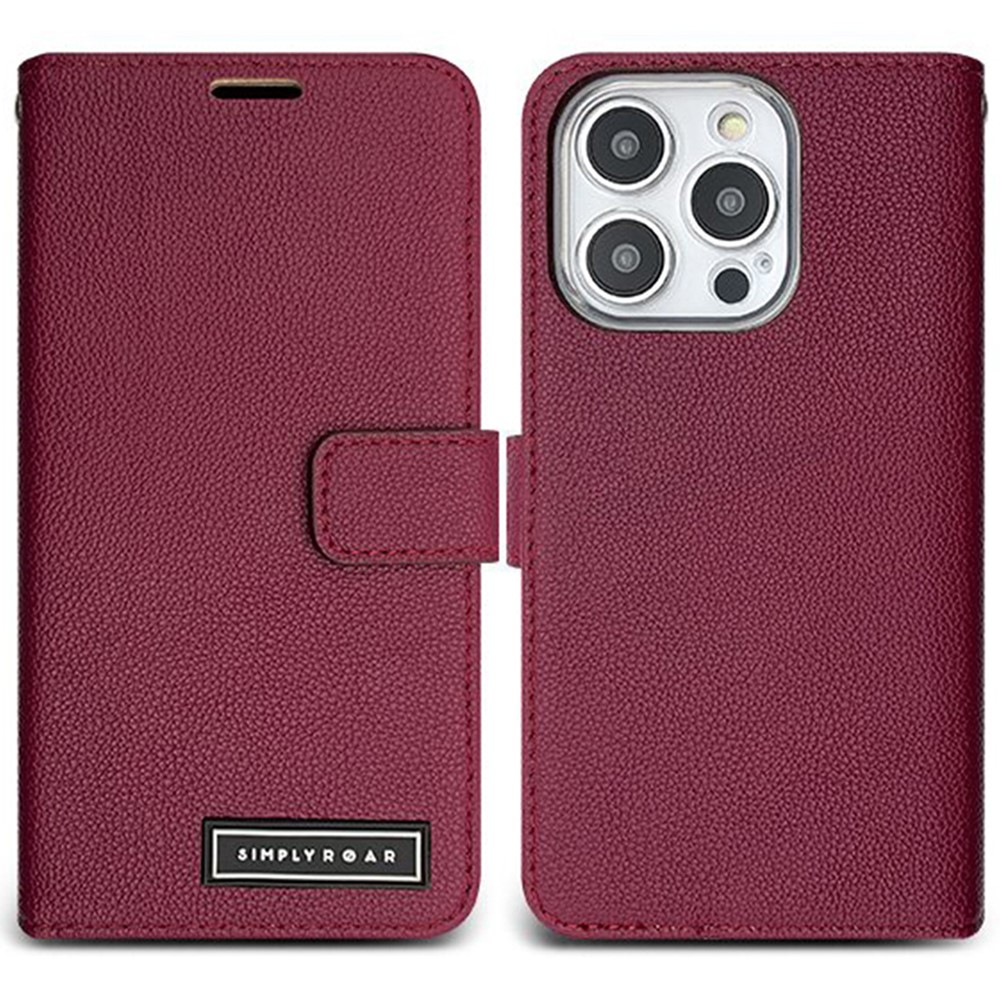 SIMPLY ROAR For iPhone 13 Pro Leather Case Wallet Magnetic Closure Phone Cover - Wine Red