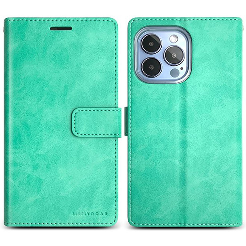 SIMPLY ROAR For iPhone 13 Pro Max Leather Case Wallet Flip Stand Phone Cover - Light Green